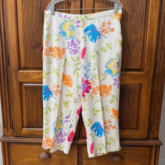Bobby Chan Floral Cropped Capris Pants Silk Blend Women's Size 14 - Picture 1 of 5